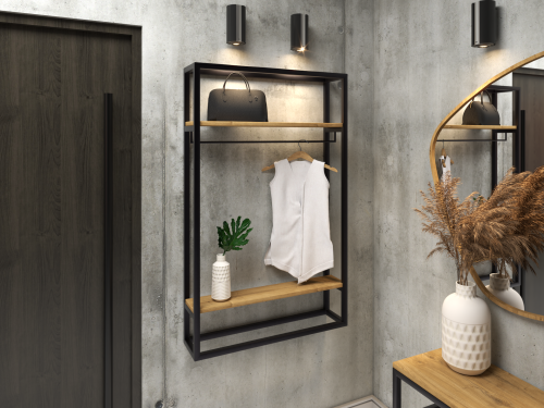 Wieszak industrialny do przedpokoju z półkami i relingiem na wieszaki dowolny wymiar Poznań producent